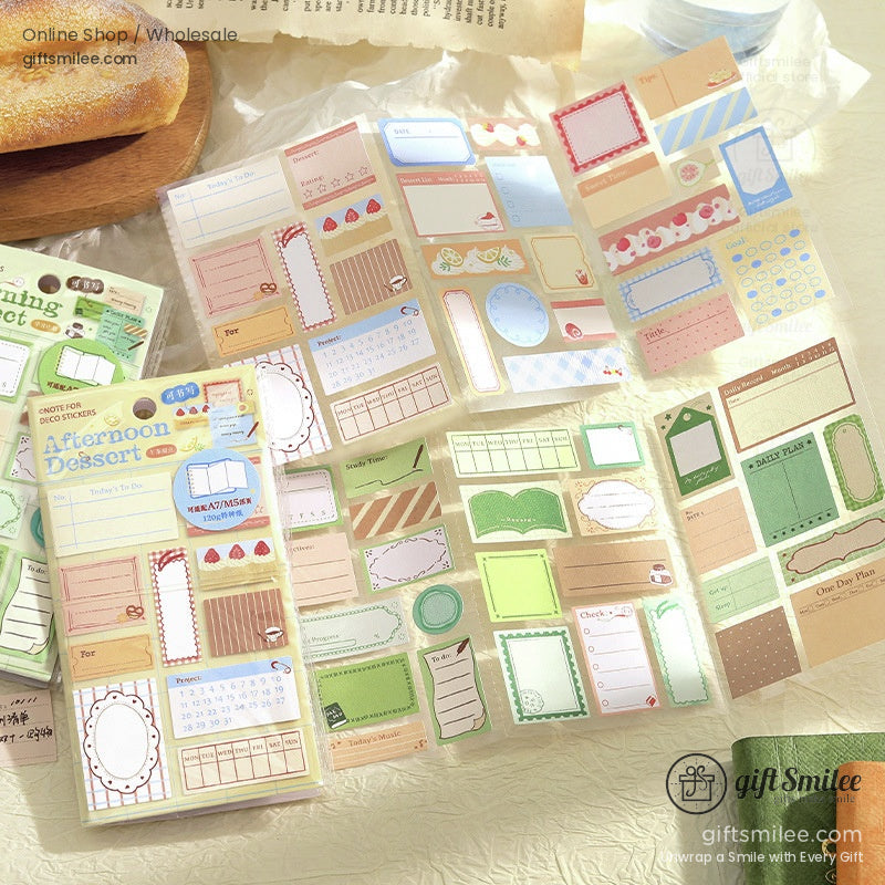 Pastelthemed planner stickers with floral and food designs including labels checklists and decorative frames