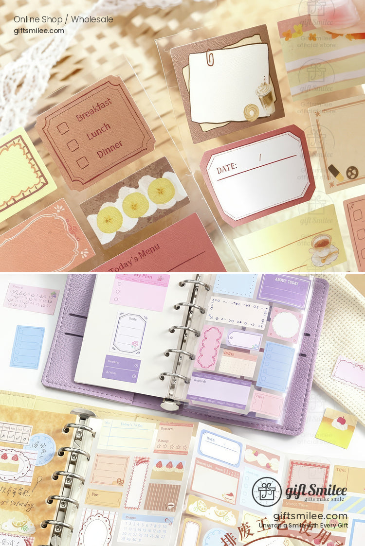 Pastel and vintagethemed planner stickers with food designs labels and decorative frames in a variety of shapes and colors