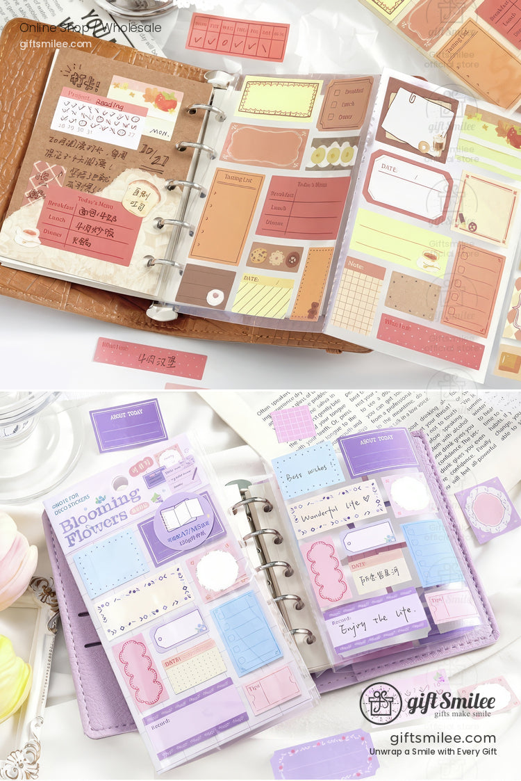 Pastel planner stickers in warm brown and lavender tones with decorative labels grids and floral accents in a binder