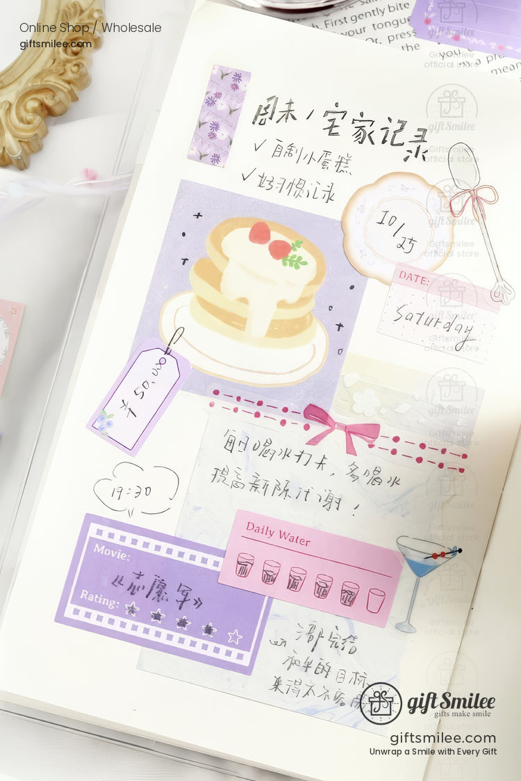 Pastelthemed journal page with pink and purple stickers pancake illustration handwritten notes and decorative accents