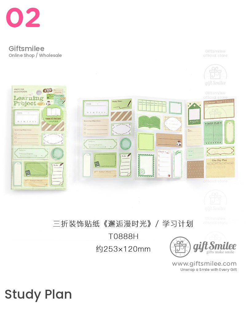Green and beige trifold planner stickers with studythemed labels todo lists daily plans and decorative frames