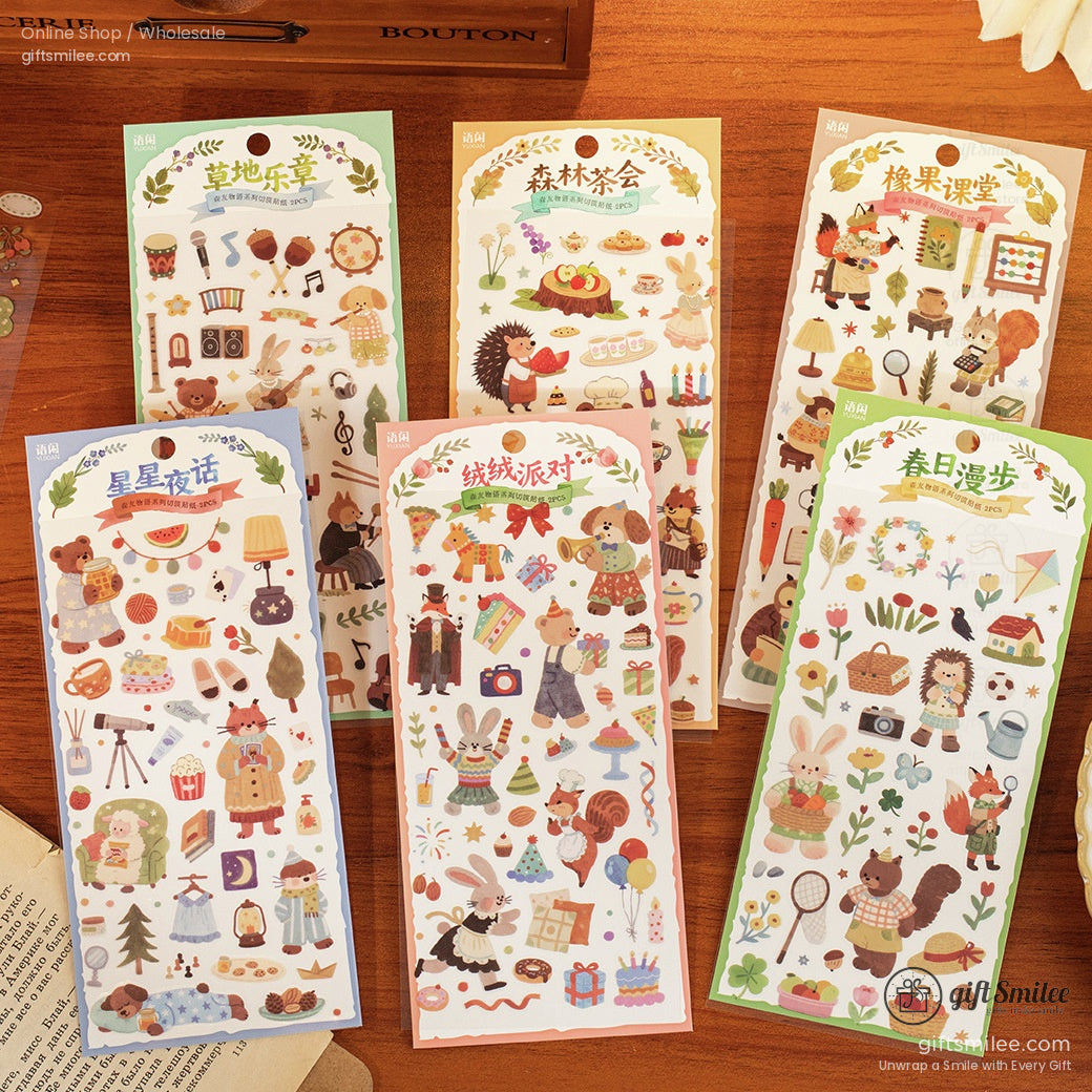 Assorted whimsical animalthemed stickers with pastel colors woodland designs and playful activity illustrations