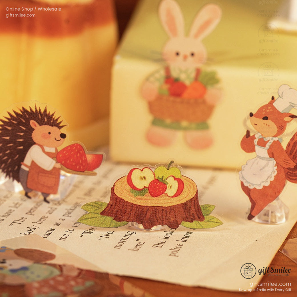 Cute animalthemed paper stickers featuring a hedgehog rabbit and squirrel with fruit and stump designs in warm tones