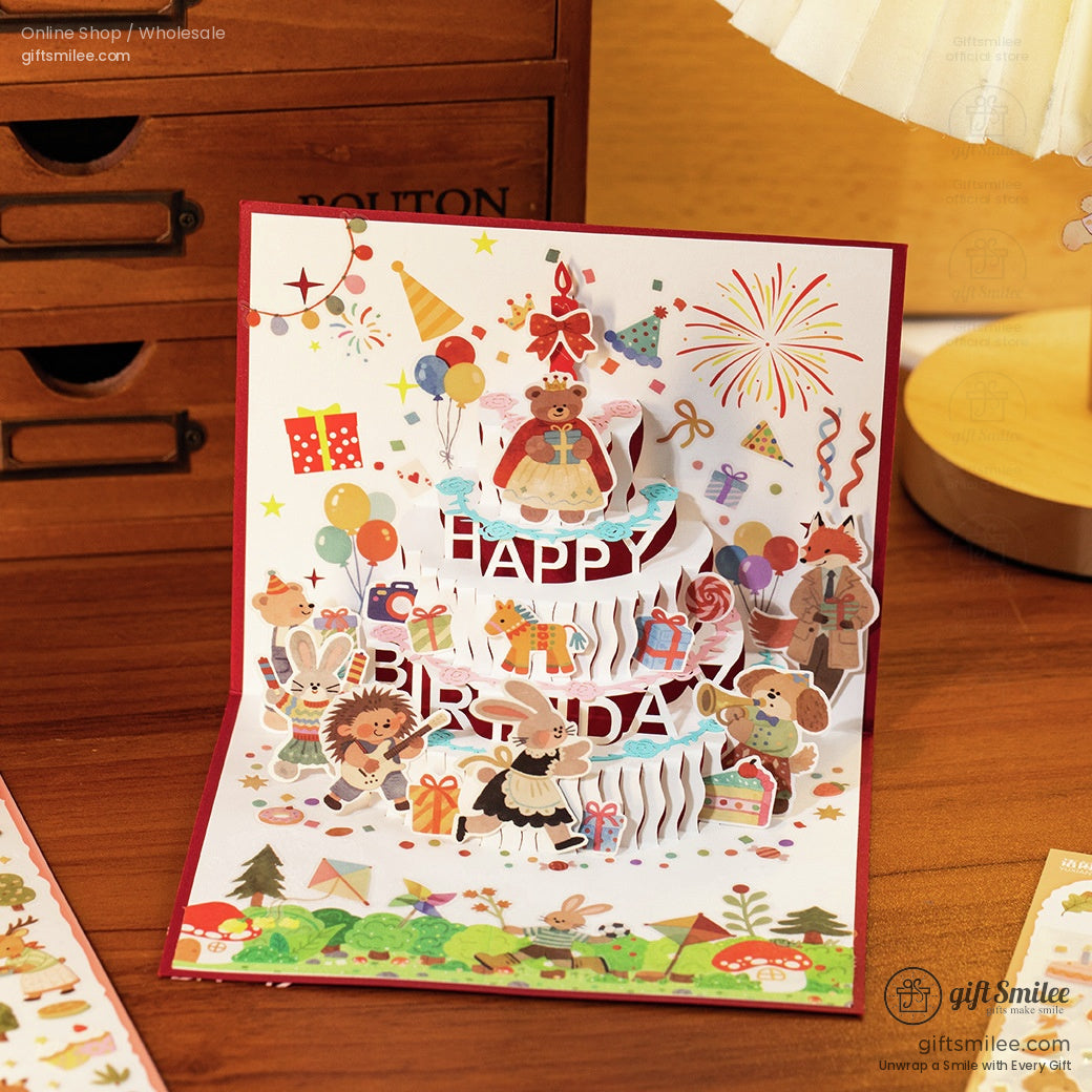 Colorful popup birthday card with layered cake design animal characters balloons gifts and festive details