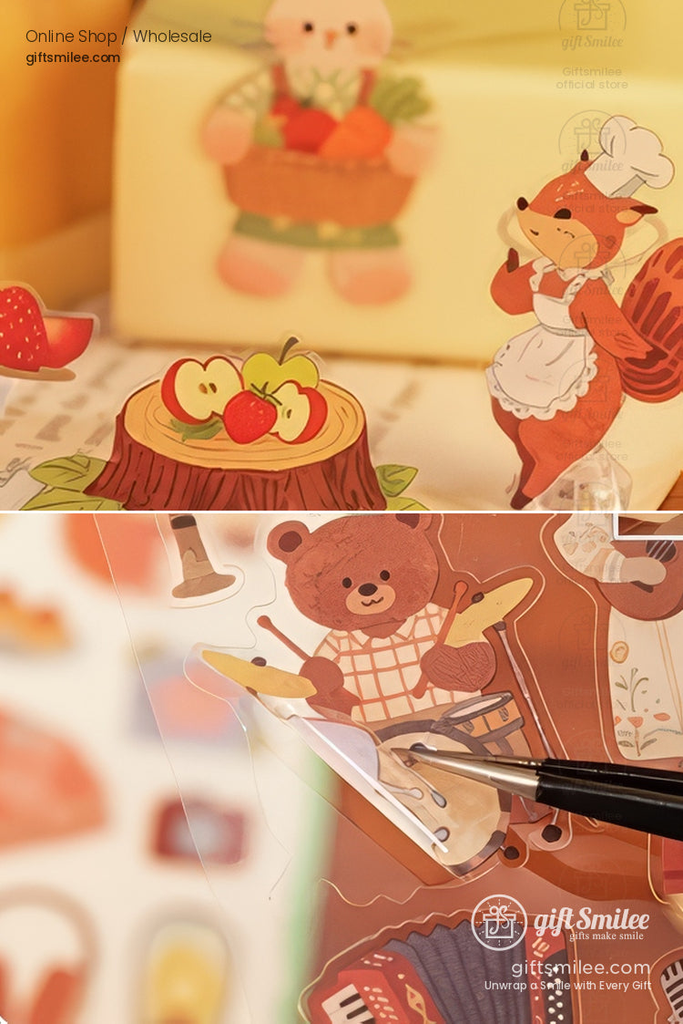 Cute animalthemed stickers with a chef squirrel bear with instruments and sliced fruit designs on glossy material