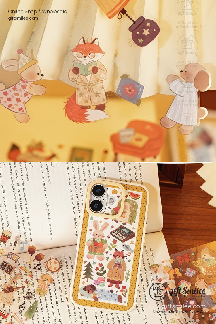 Whimsical animalthemed stickers and a yellow phone case with colorful forest animal illustrations on a wooden table