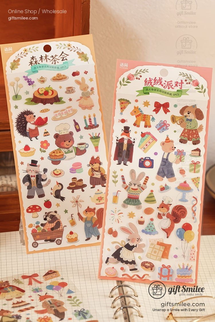 Two sheets of colorful animalthemed stickers with whimsical illustrations of rabbits bears and party decor on pastel backdrops
