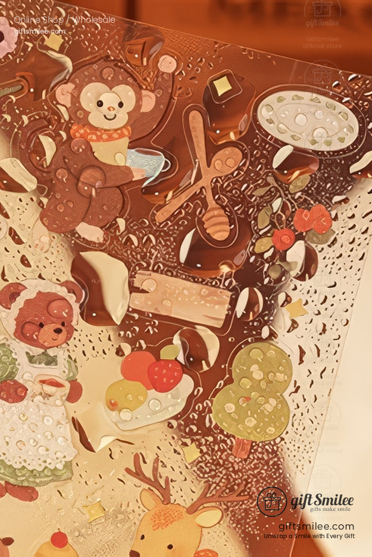 Glossy brownthemed sticker sheet with playful animal designs honey jar fruit and tree accents