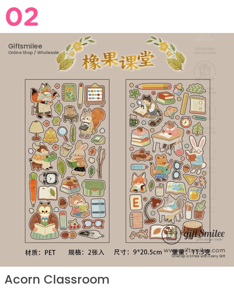 Cute woodland animal stickers with foxes squirrels and rabbits featuring books desks lamps and naturethemed details