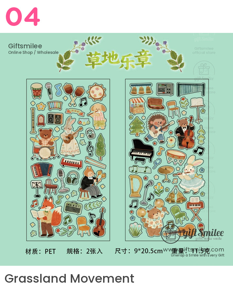 Pastel animalthemed PET stickers with musical instruments trees and notes on a mint green background