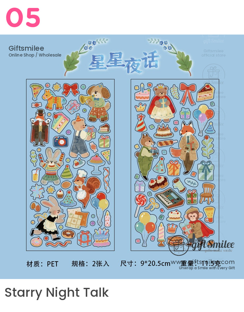 Colorful PET stickers with animals in festive outfits cakes balloons gifts and partythemed decorations