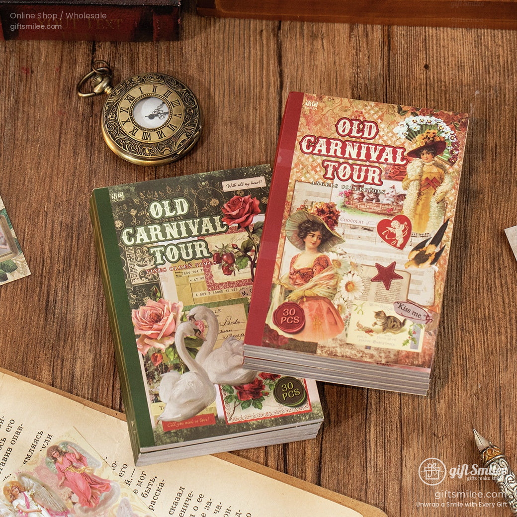 Vintagestyle Old Carnival Tour notebooks with floral swan and retro illustrations on wooden background