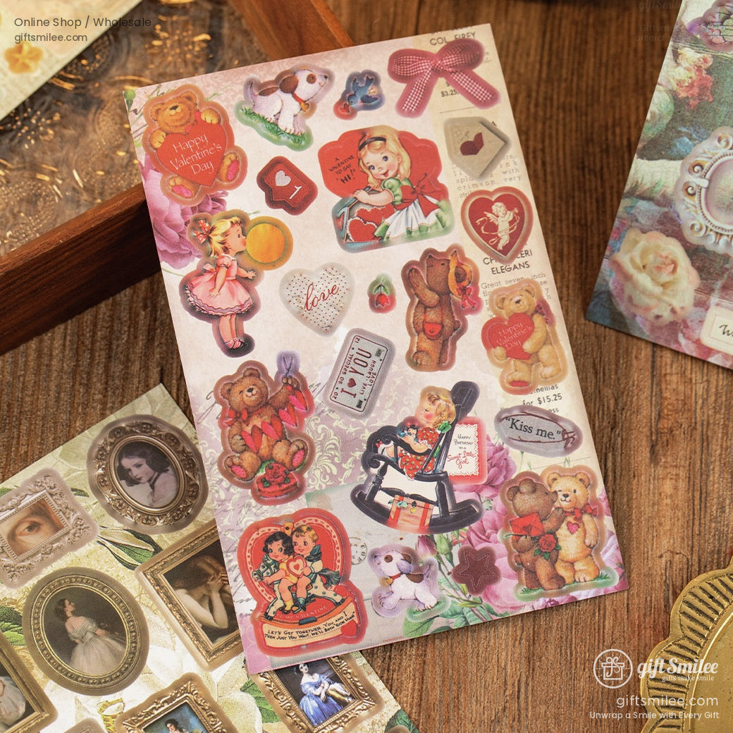 Vintagestyle sticker sheet with teddy bears hearts floral patterns and retro illustrations on a pink pastel background