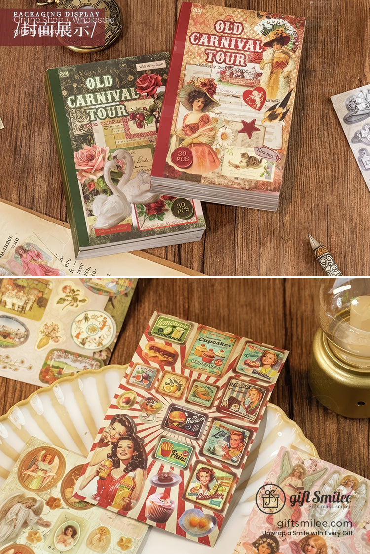 Vintagethemed stationery set with Old Carnival Tour notebooks retro illustrations and colorful sticker sheets