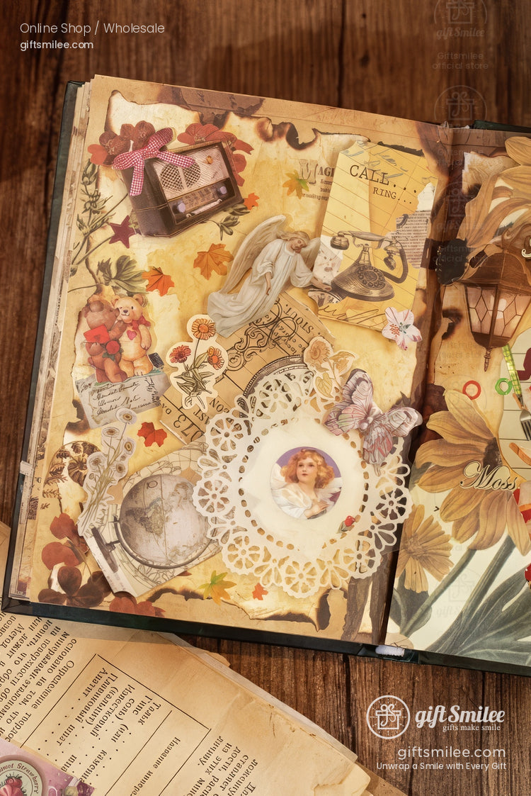 Vintage scrapbook page with pastel illustrations lace doily accents autumn leaves retro photos and antique motifs