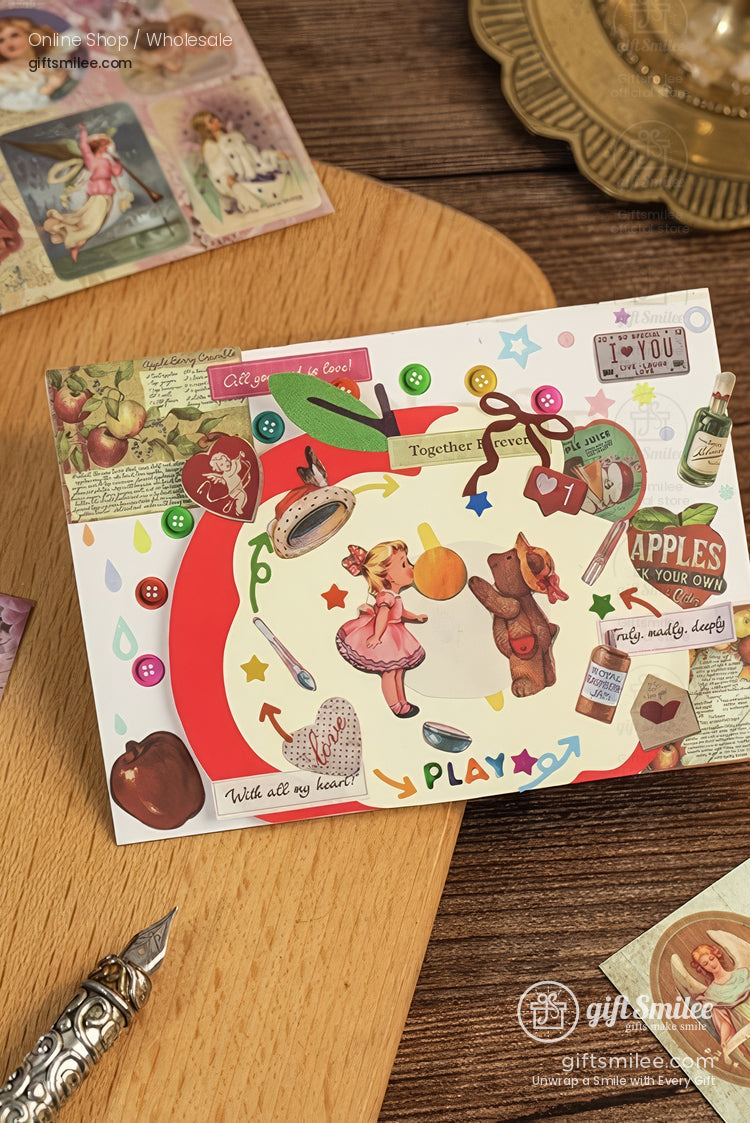 Vintagethemed scrapbook page with colorful stickers retro illustrations and playful decorative elements on wood surface