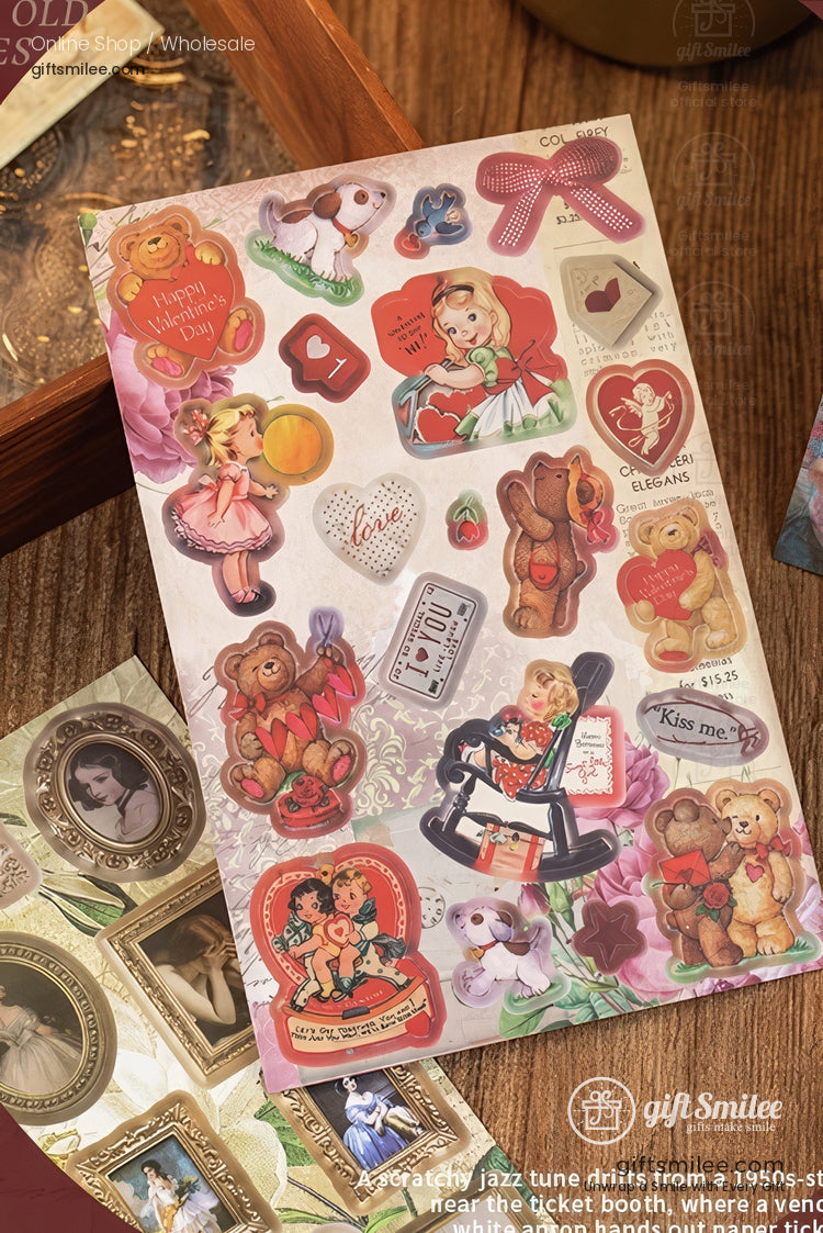 Vintageinspired sticker sheet with colorful teddy bears dolls hearts bows and nostalgic motifs on a wooden surface
