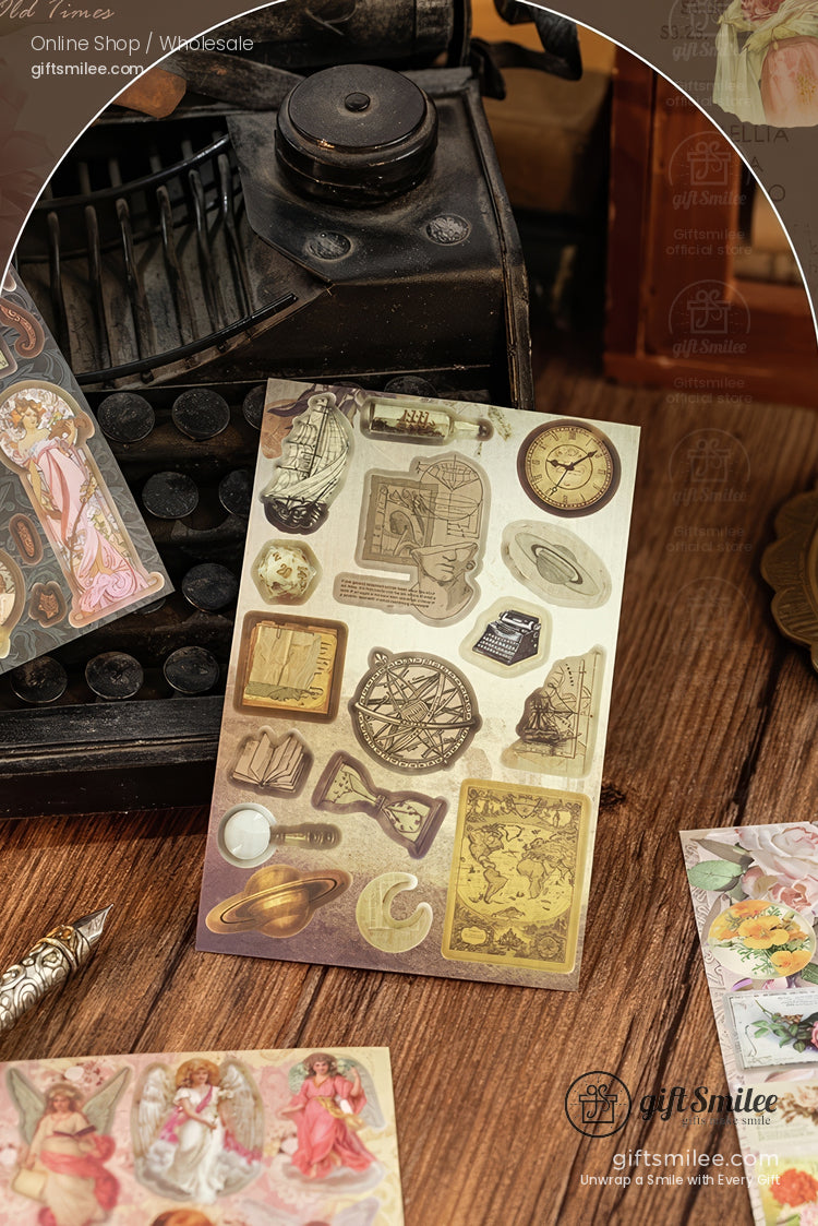 Vintagethemed stickers with globes maps clocks and compasses in earthy tones on a rustic wooden surface