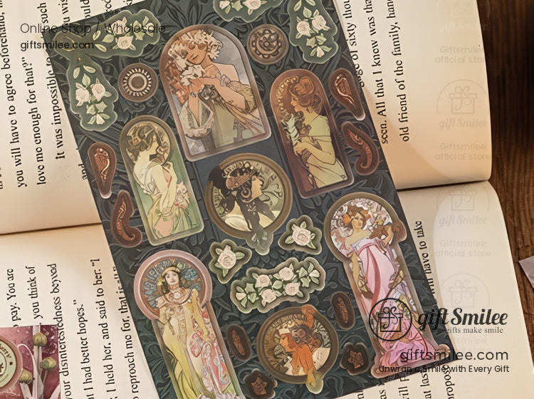 Vintagestyle stickers with floral patterns and ornate illustrations of women in pastel gowns on a dark green background
