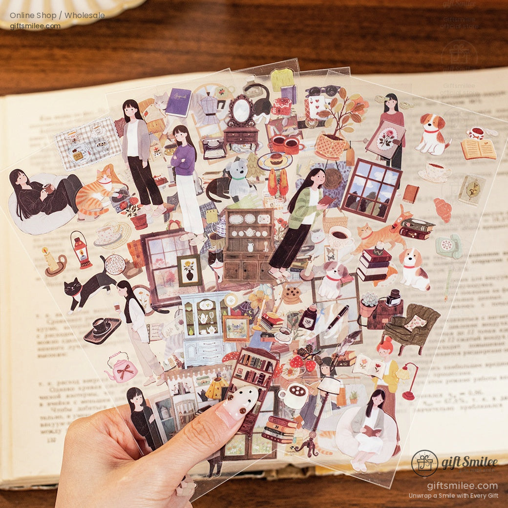 Transparent sticker sheets with vintagestyle illustrations of cozy interiors books pets and women in casual outfits