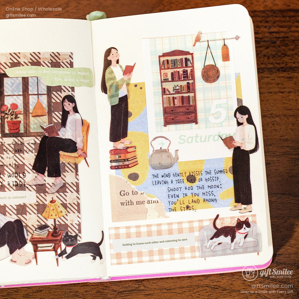 Illustrated journal page with pastel collage elements women reading stacked books bookshelf cat and cozy decor themes