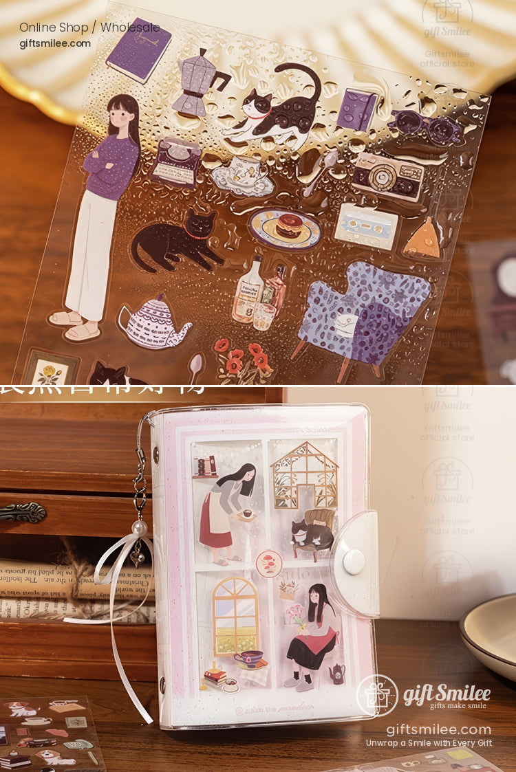 Transparent sticker set with illustrated cozy scenes cats books food and a lavender polkadot chair