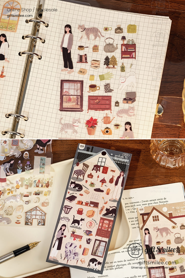 Cozythemed sticker set with illustrations of furniture plants cats windows and seasonal items in earthy tones