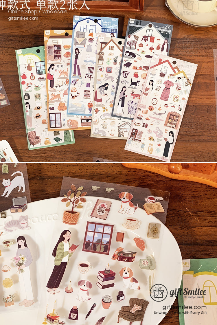 Pastelthemed decorative stickers with cozy home scenes dogs books plants and illustrated characters on transparent sheets