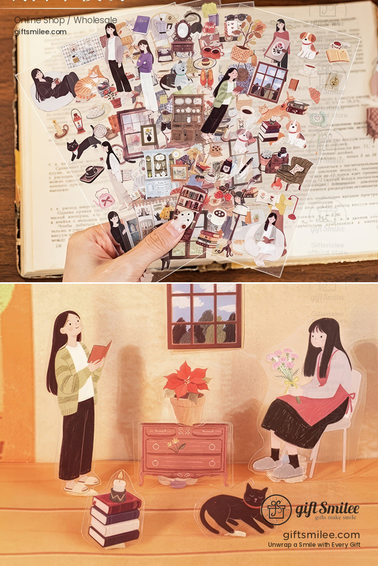 Transparent decorative stickers with cozy illustrations of books cats and people in warm indoor scenes