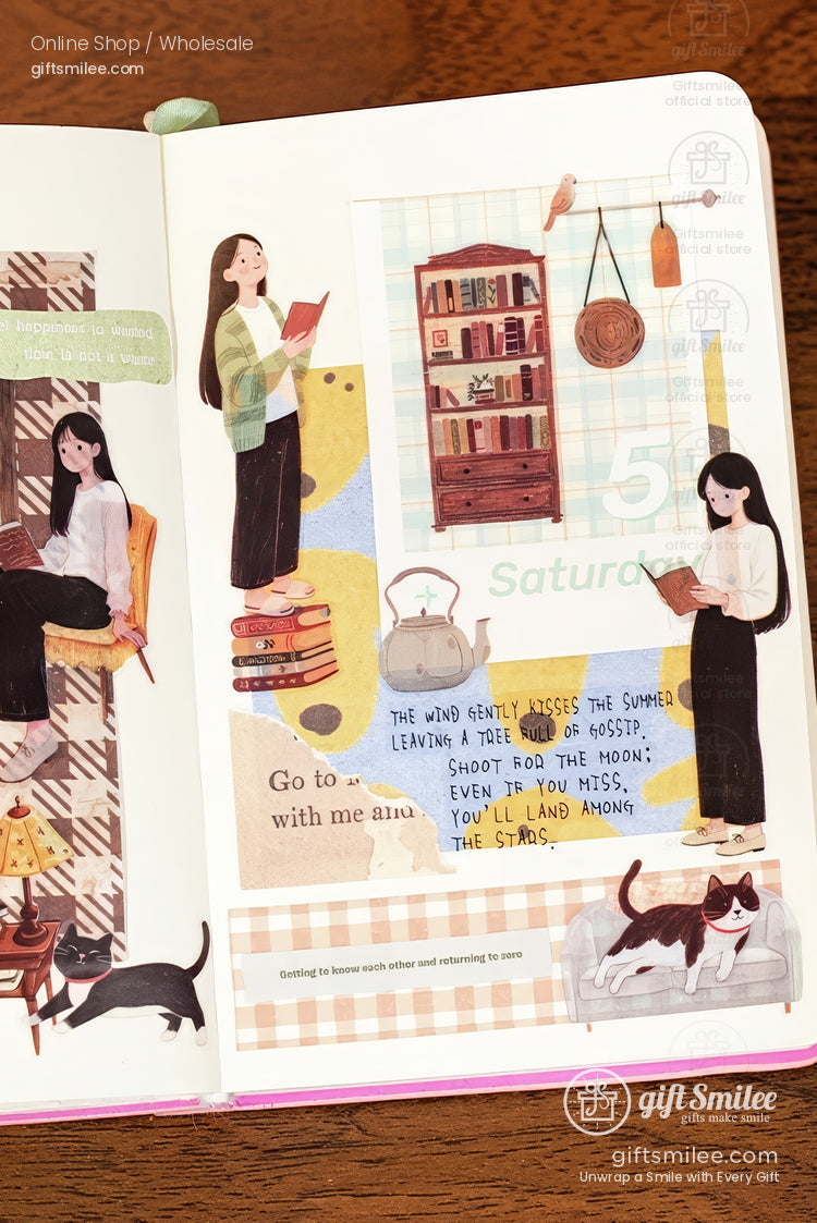Illustrated journal page with bookthemed stickers pastel tones bookshelf decor and cozy cat and reader designs