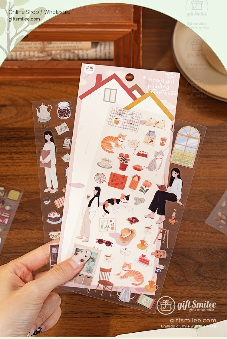 Transparent decorative stickers featuring cats tea sets books plants and cozy homethemed illustrations in pastel tones