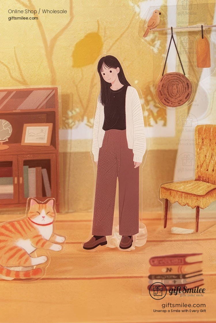 Cozy scene with a woman in brown wideleg pants black top cream cardigan orange tabby cat and warmtoned furniture