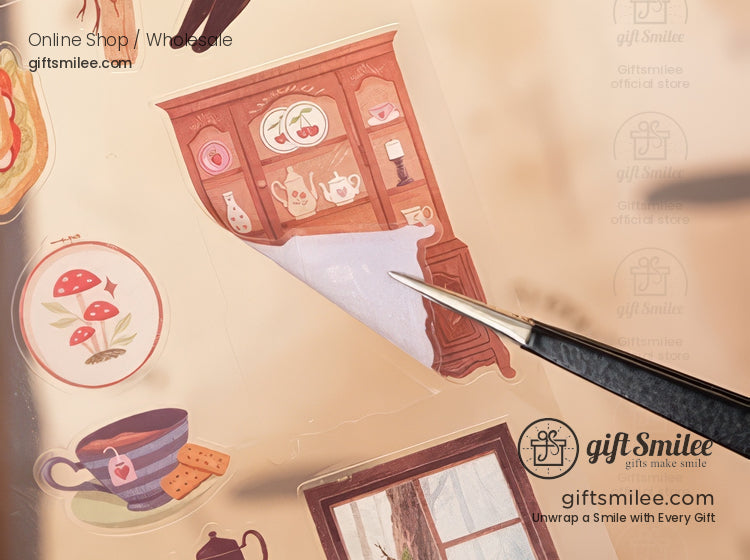 Vintagestyle stickers of a wooden china cabinet tea set mushrooms and window with tweezers peeling one off