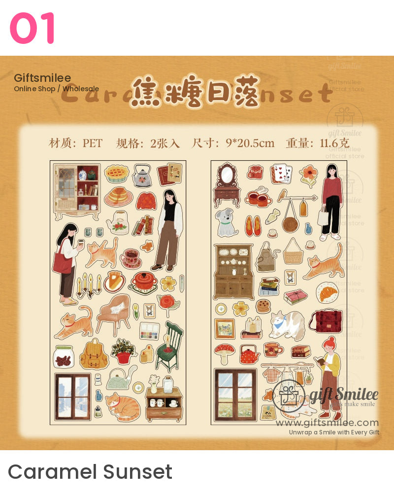 Vintagethemed PET sticker set with cozy lifestyle illustrations of furniture cats pastries flowers and people