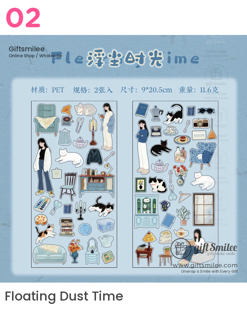 Bluethemed PET sticker set with cozy home decor cats furniture books and clothing featuring soft pastel tones