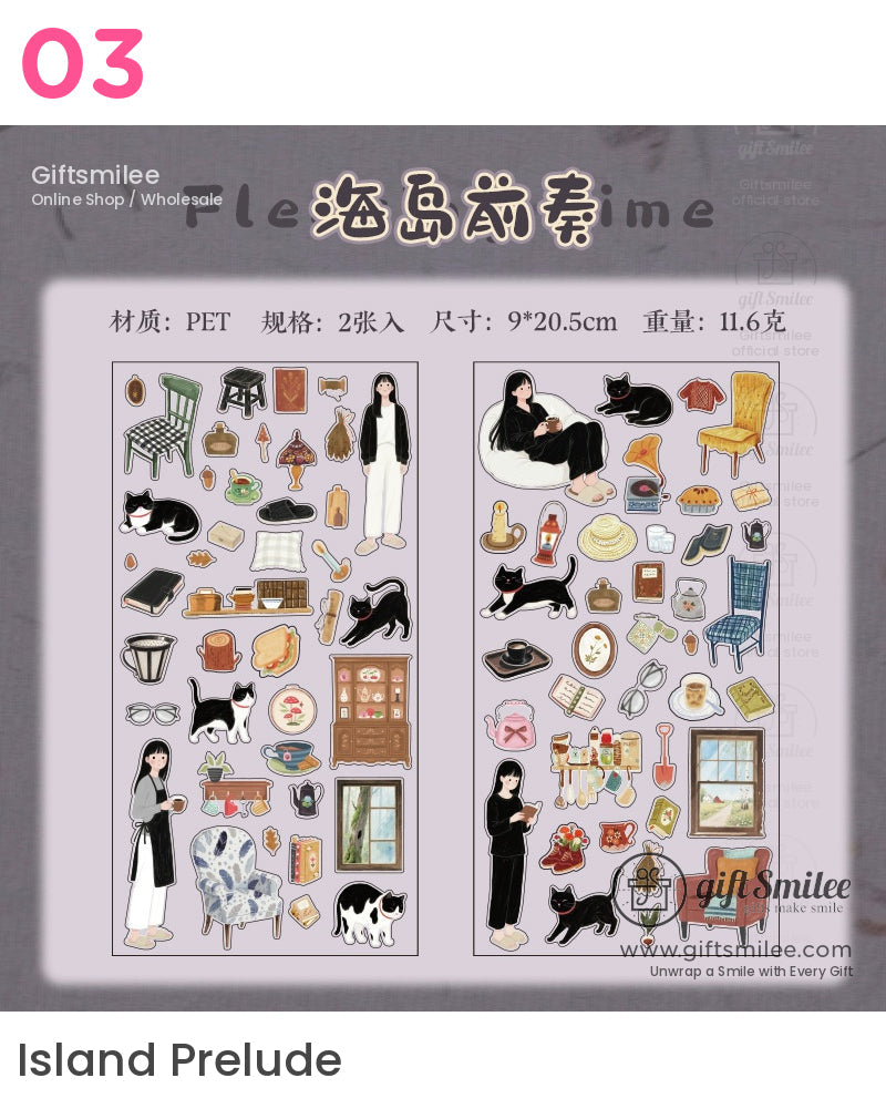 Pastelthemed PET sticker set with cozy home elements black cats vintage furniture baked goods and lifestyle accents