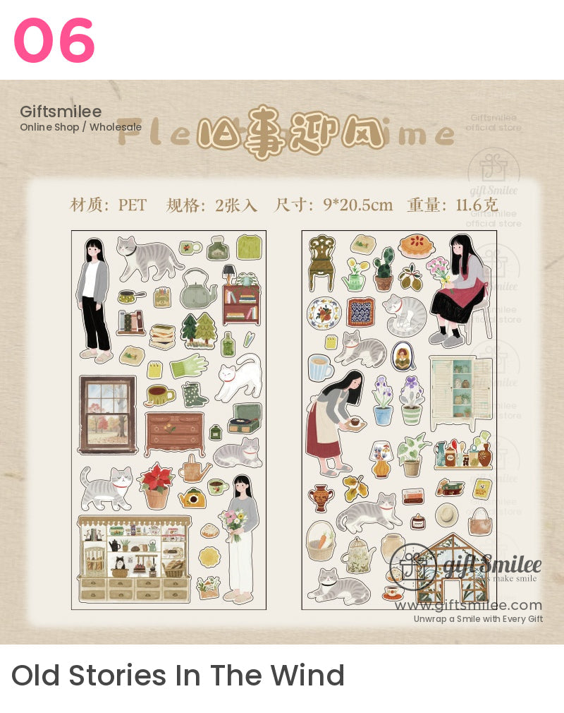 Vintagestyle PET sticker sheet featuring cats furniture potted plants tableware and cozy lifestyle illustrations