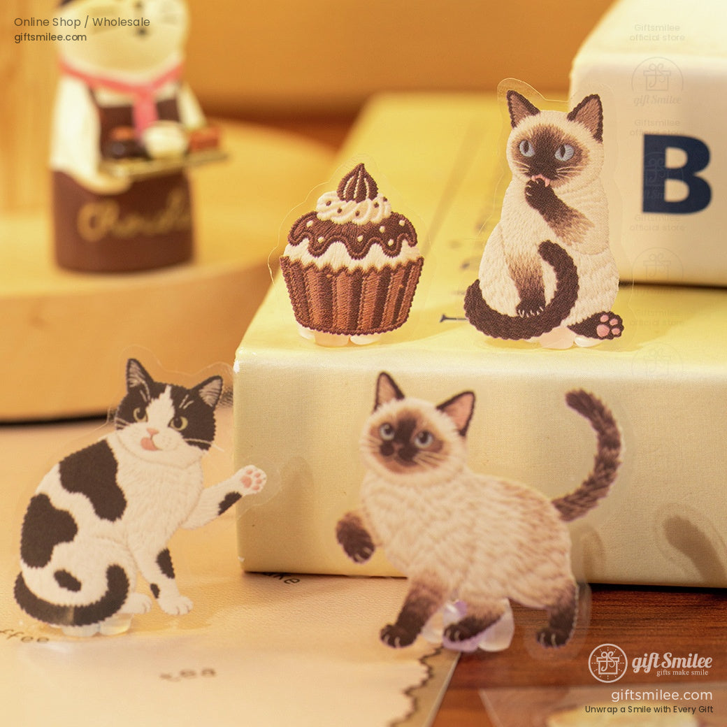 Cute transparent sticker set with Siamese and blackandwhite cats a chocolate cupcake and playful designs