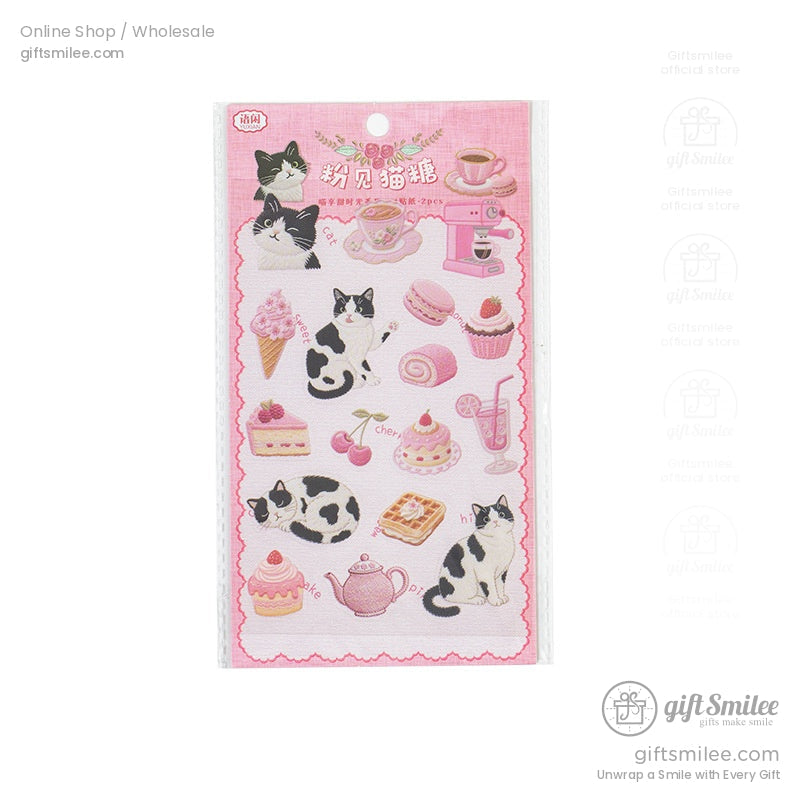 Pink sticker sheet featuring blackandwhite cats desserts like macarons and cakes a teapot and a coffee machine