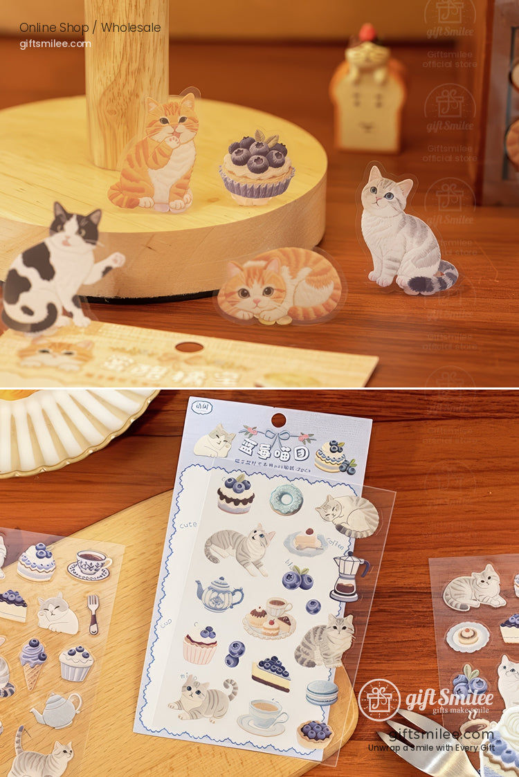Cute catthemed stickers with pastel colors featuring desserts teapots and playful feline designs on wooden surfaces
