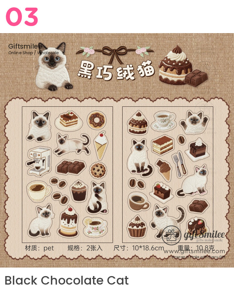 Beige sticker set with Siamese cats chocolate desserts coffee cups and pastries on textured fabric background