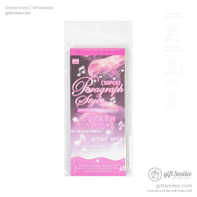 Pack of 50 pink and white stationery stickers with elegant text musical notes and star accents in a plastic sleeve