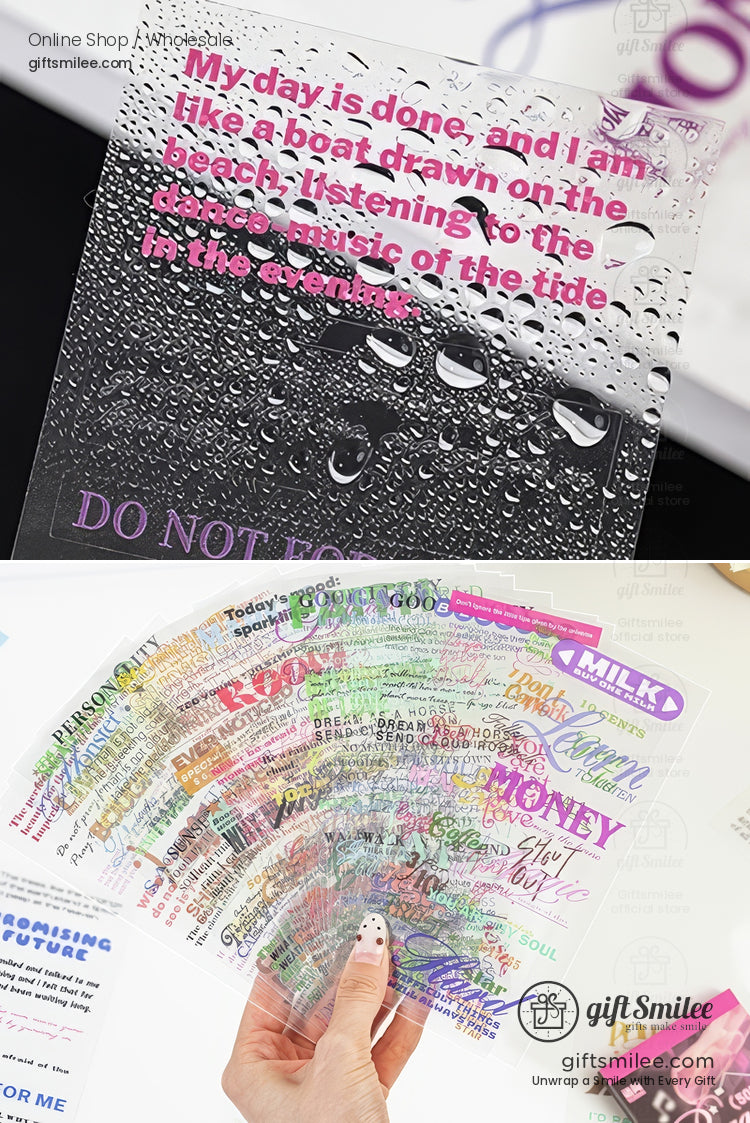 Transparent waterproof stickers with colorful text and quotes showcasing vibrant designs and glossy texture