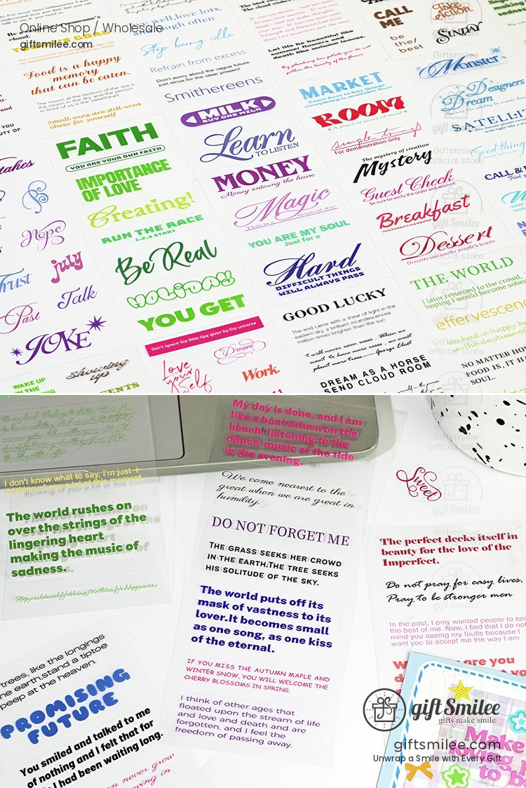 Assorted colorful inspirational quote stickers with varied fonts decorative styles and motivational messages
