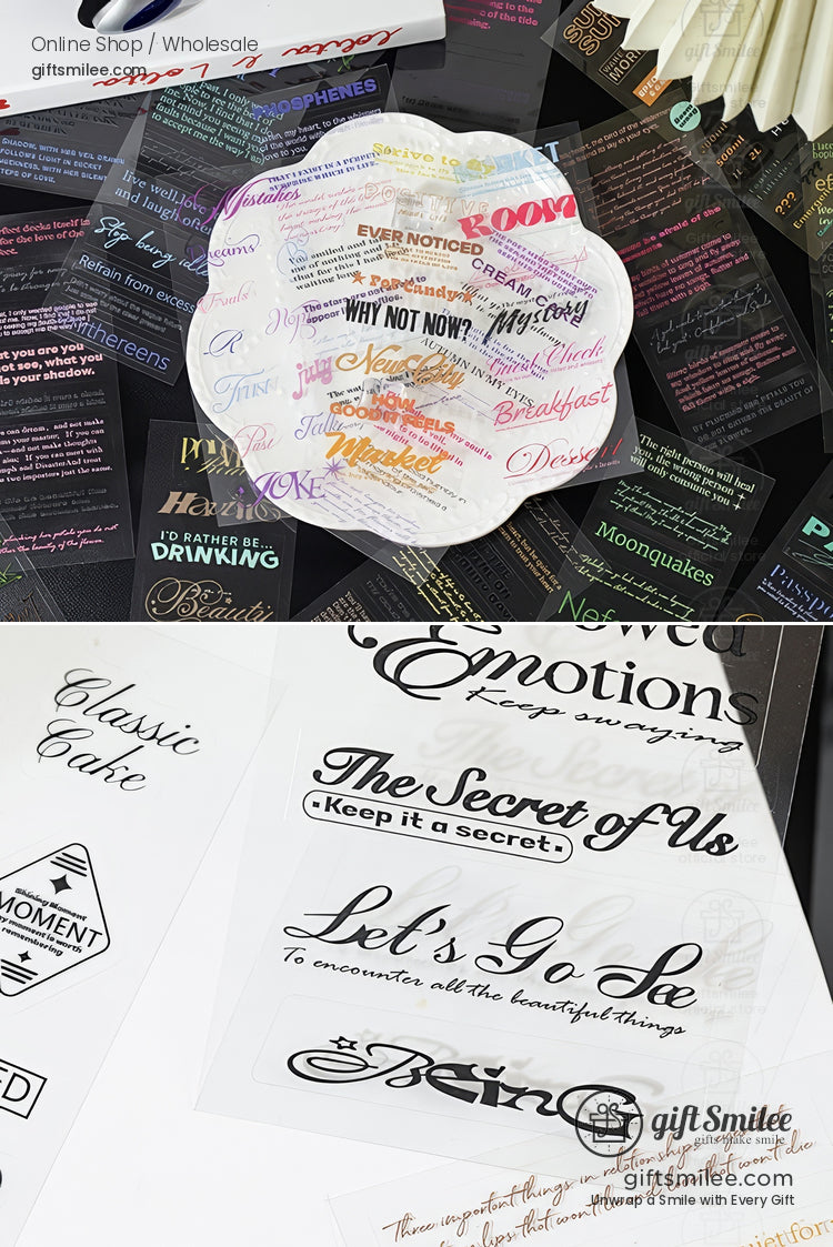 Assorted transparent sticker sheets with colorful text designs elegant fonts and motivational phrases for crafting