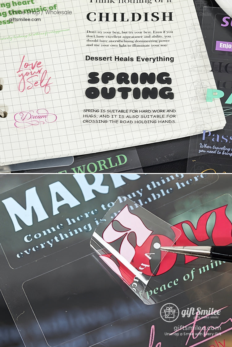 Transparent acrylic stamp with red abstract design placed on black and white text backgrounds paired with grid paper