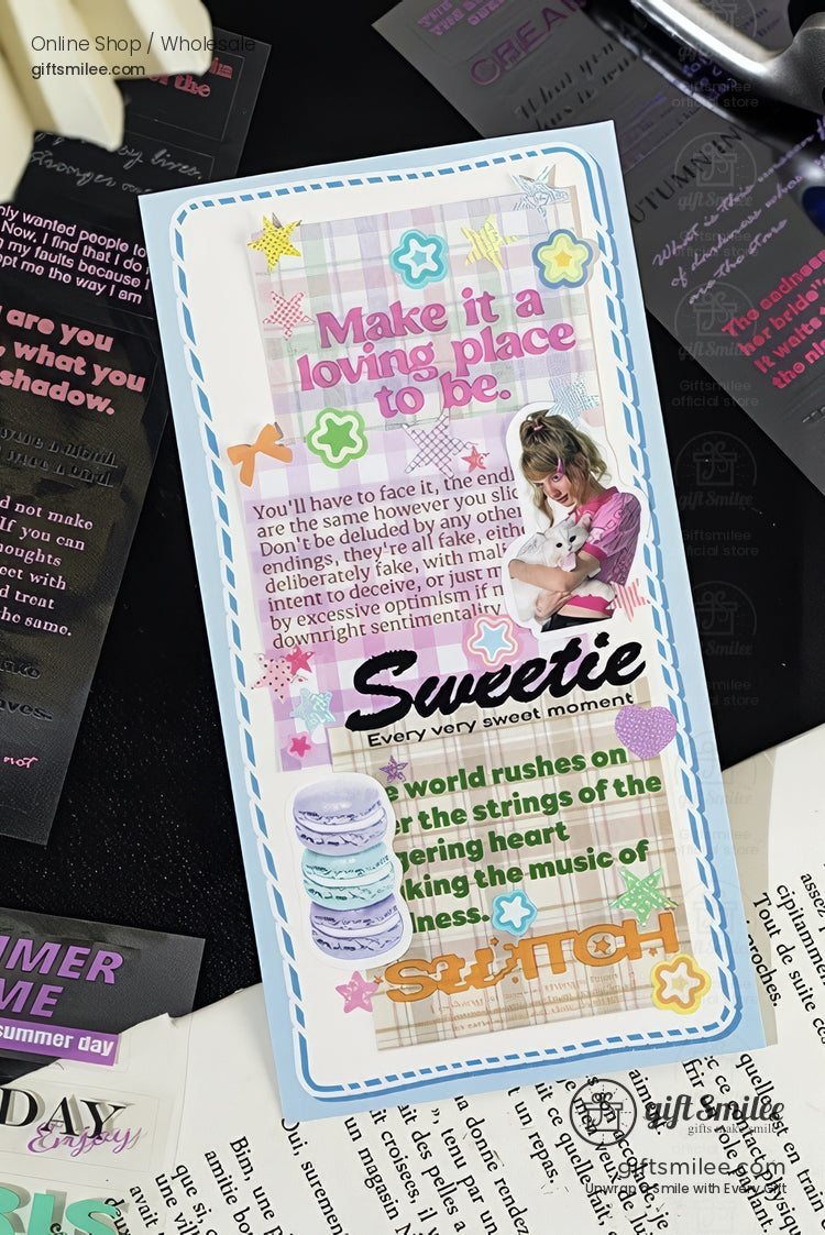 Pastelthemed card with plaid background colorful star stickers heartfelt text and a girl hugging a stuffed toy