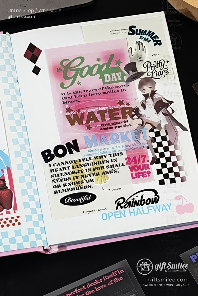 Open scrapbook page with colorful text checkered patterns pastel illustrations and playful graphic designs