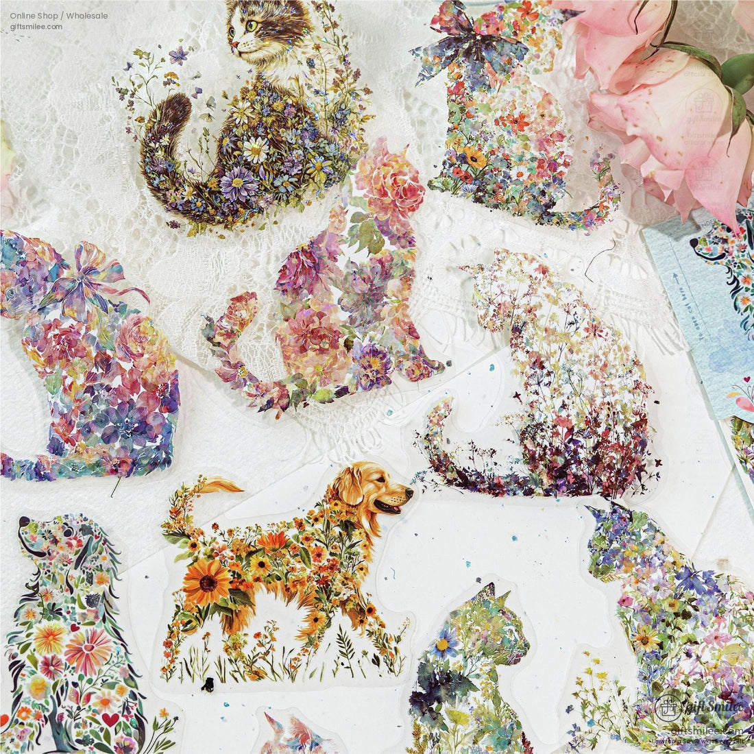 Floral animal stickers featuring vibrant cats and dogs adorned with colorful flowers set on lace with pink roses