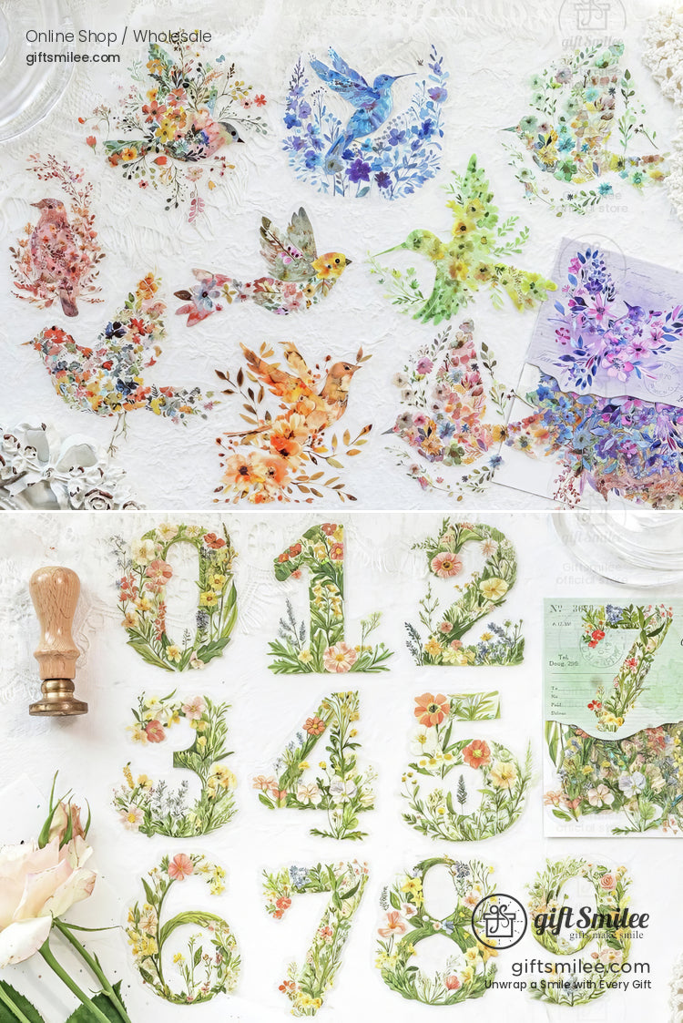 Assorted floral bird and number stickers with vibrant watercolor designs featuring intricate botanical patterns